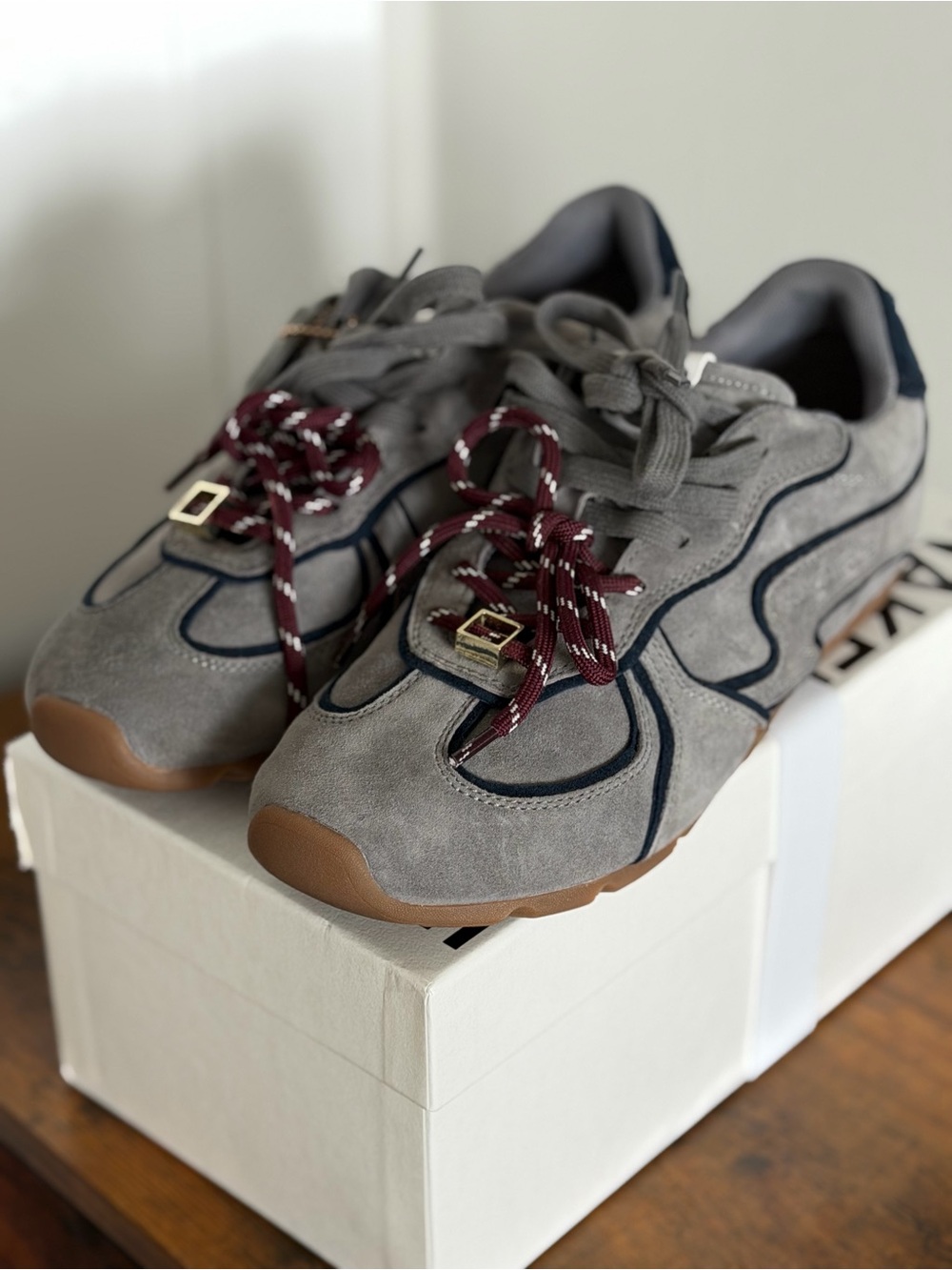 Naked Wolfe Grey Suede Sneakers with Navy Trim and Burgundy Laces